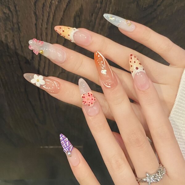 Charming Tropical Floral Pearl Handmade Press - On Nails