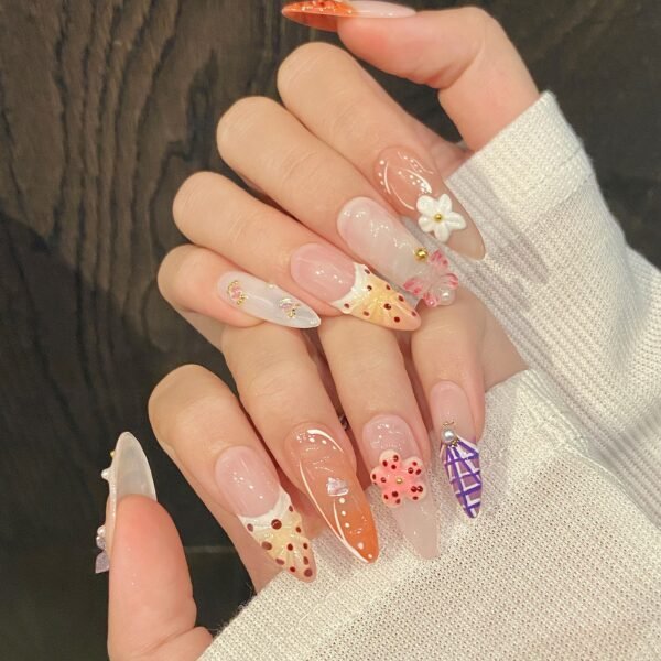 Charming Tropical Floral Pearl Handmade Press - On Nails