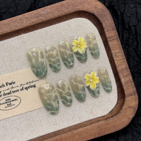 Elegant Mint Green Sea Wave Floral Handmade Press - On Nails