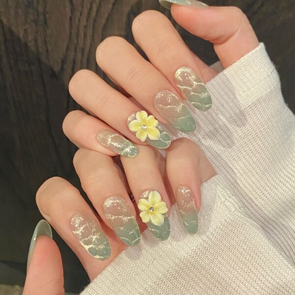 Elegant Mint Green Sea Wave Floral Handmade Press - On Nails