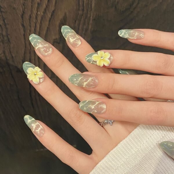 Elegant Mint Green Sea Wave Floral Handmade Press - On Nails