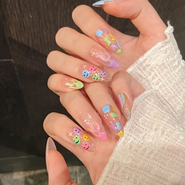 Fun Colorful Smiley Face Gradient Press - On Nails