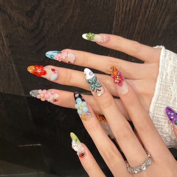 Exquisite Handmade Colorful Floral 3D Press - On Nails