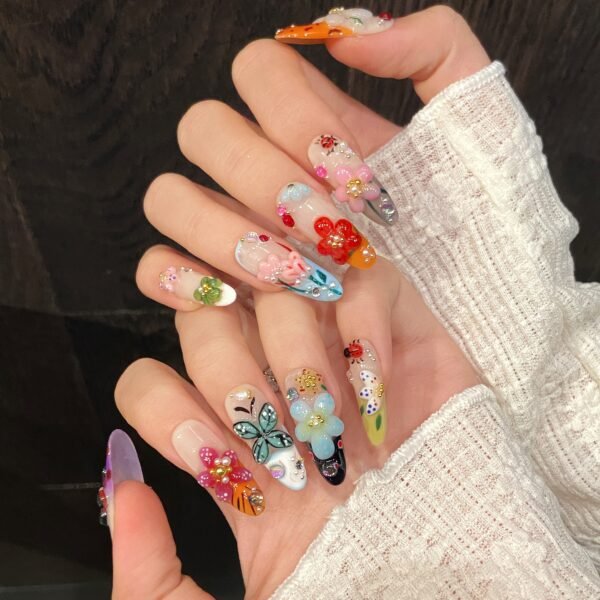 Exquisite Handmade Colorful Floral 3D Press - On Nails