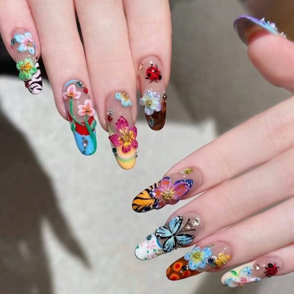 Exquisite Handmade Colorful Floral 3D Press - On Nails