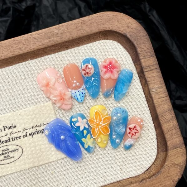 Vibrant Colorful Flower Pearl Gradient Press - On Nails