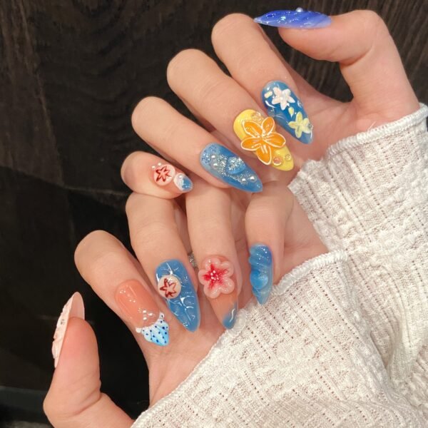 Vibrant Colorful Flower Pearl Gradient Press - On Nails