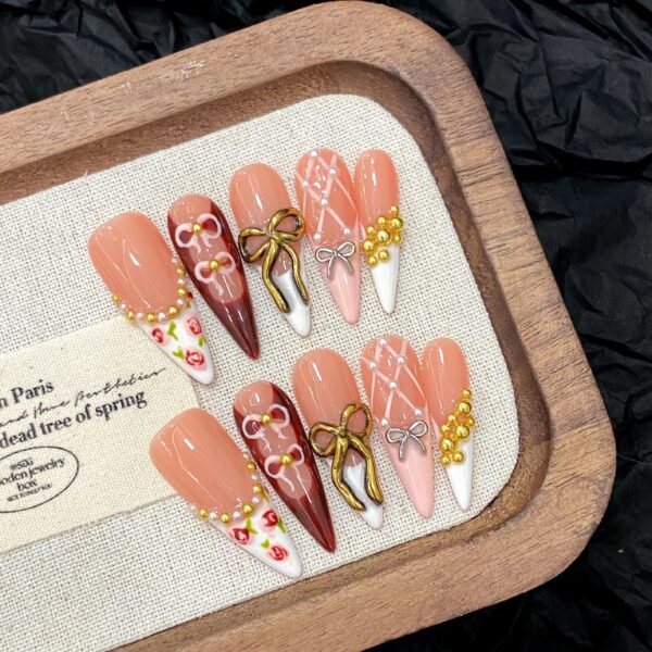 Elegant Peach and Burgundy Bow Pearl Handmade Press - On Nails
