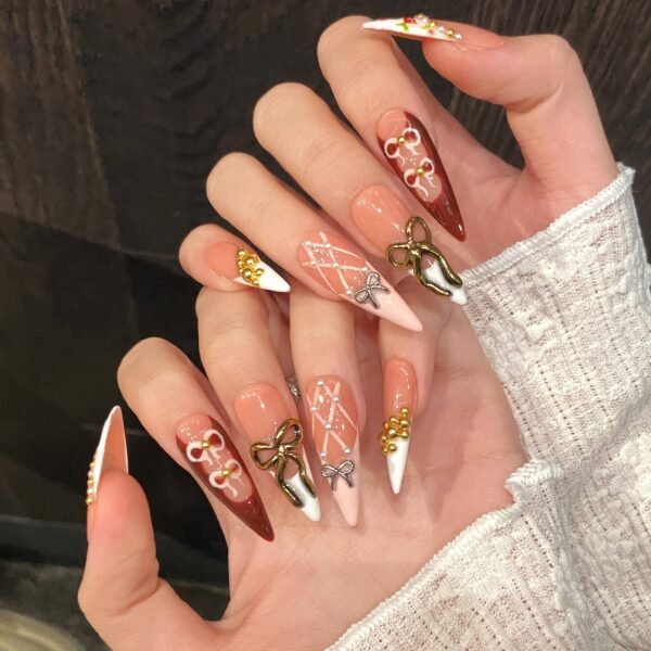Elegant Peach and Burgundy Bow Pearl Handmade Press - On Nails