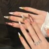 Elegant Peach and Burgundy Bow Pearl Handmade Press - On Nails
