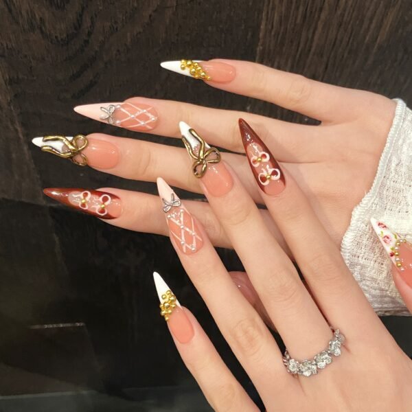 Elegant Peach and Burgundy Bow Pearl Handmade Press - On Nails