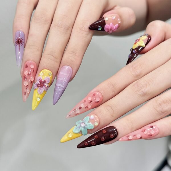 Gorgeous Colorful Flower 3D Press - On Nails
