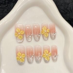 Exquisite Pink Gradient Yellow Flower Press - On Nails