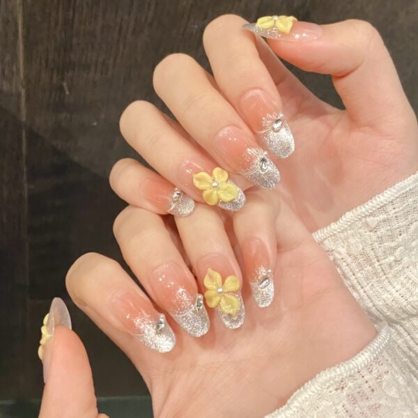 Exquisite Pink Gradient Yellow Flower Press - On Nails