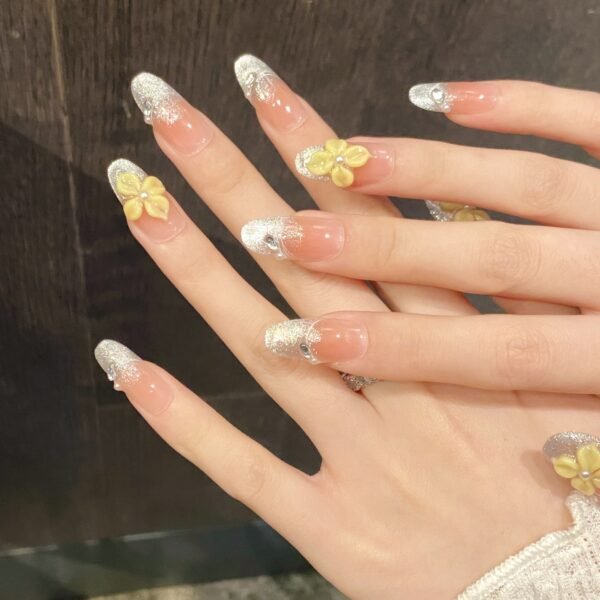 Exquisite Pink Gradient Yellow Flower Press - On Nails