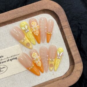 Vibrant Orange - Yellow French 3D Flower Press - On Nails
