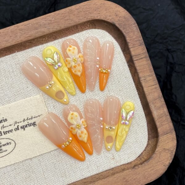 Vibrant Orange - Yellow French 3D Flower Press - On Nails