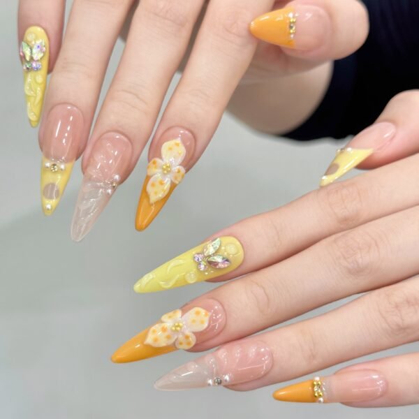 Vibrant Orange - Yellow French 3D Flower Press - On Nails