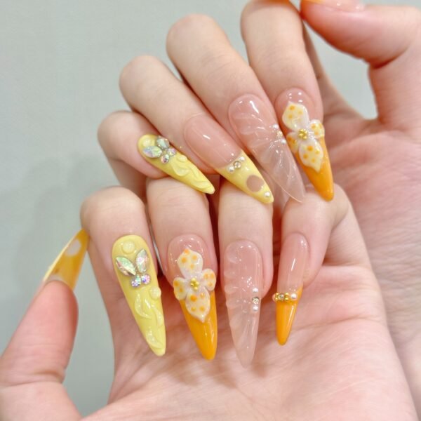 Vibrant Orange - Yellow French 3D Flower Press - On Nails