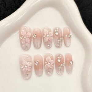 Charming Pink Gradient Flower Press - On Nails with Crystals