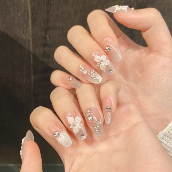 Charming Pink Gradient Flower Press - On Nails with Crystals