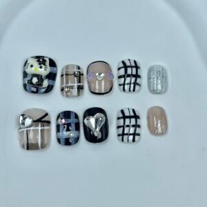 Stylish Hello Kitty Plaid Rhinestone Handmade Press - On Nails