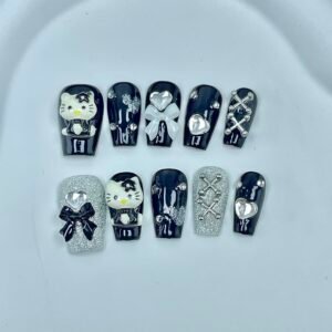 Cool Hello Kitty Black White Rhinestone Handmade Press - On Nails