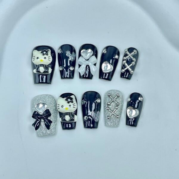Cool Hello Kitty Black White Rhinestone Handmade Press - On Nails