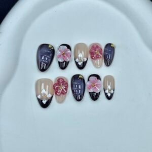 Elegant Floral Black Purple Pearl Handmade Press - On Nails