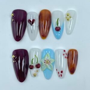 Elegant Cherry Floral Gold - Accented Press - On Nails