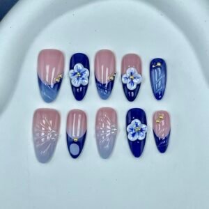 Elegant Floral Blue Pink Gradient Press - On Nails