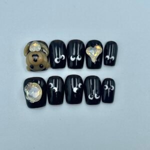 Adorable Cartoon Animal Black Base Rhinestone Press - On Nails