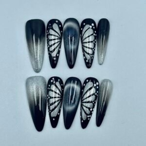Stylish Black Silver Gradient Butterfly Press - On Nails