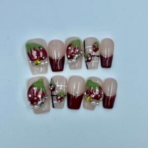 Sweet Strawberry Burgundy Pearl Handmade Press - On Nails