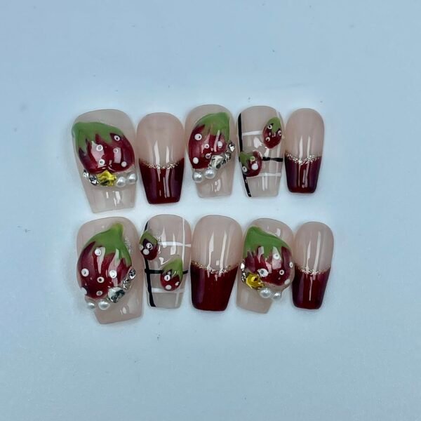 Sweet Strawberry Burgundy Pearl Handmade Press - On Nails